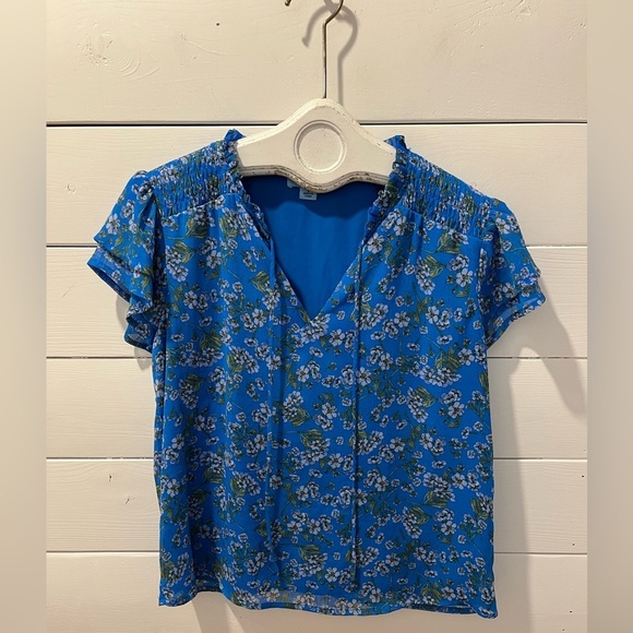 Blue Floral Ruffle Sleeve Top - CeCe - Size S💙 - Picture 1 of 7